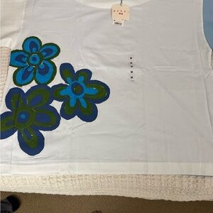 Uniqlo White Tank Top with Blue and Green Floral Design